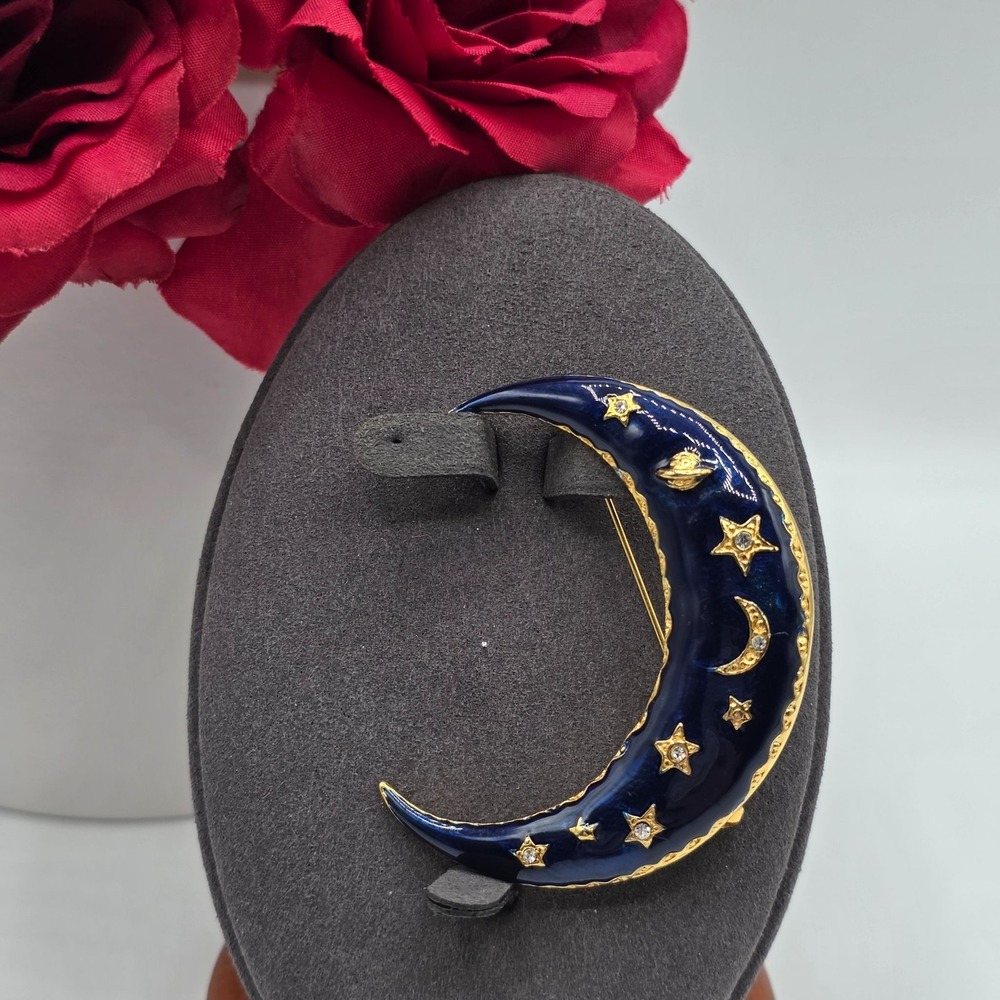 Vintage Moon Stars Brooch Enamel Gold Tone Rhinestones Celestial Jewelry New